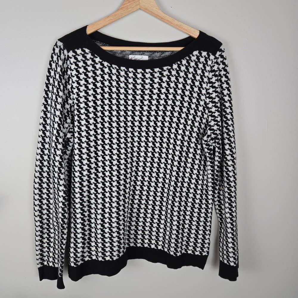 Kim Rogers Sweater Womens Large Houndstooth Alabama Cotton Knit Black White